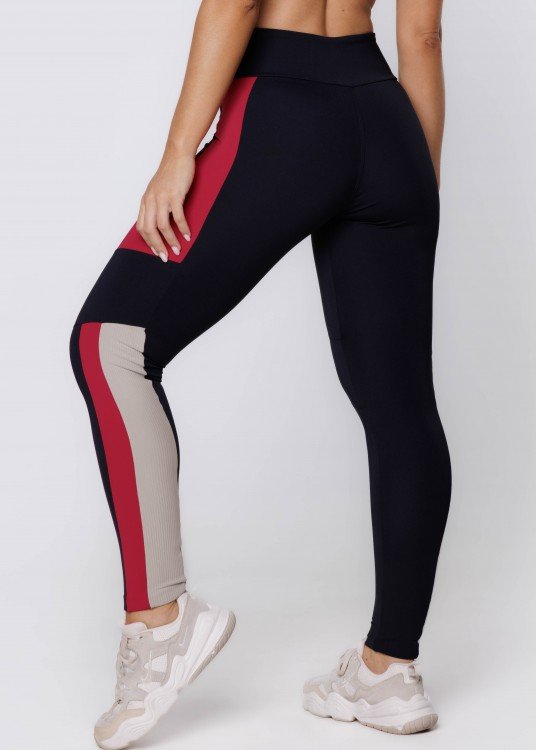 Calça Legging Spring em Poliamida Preto com Vermelho