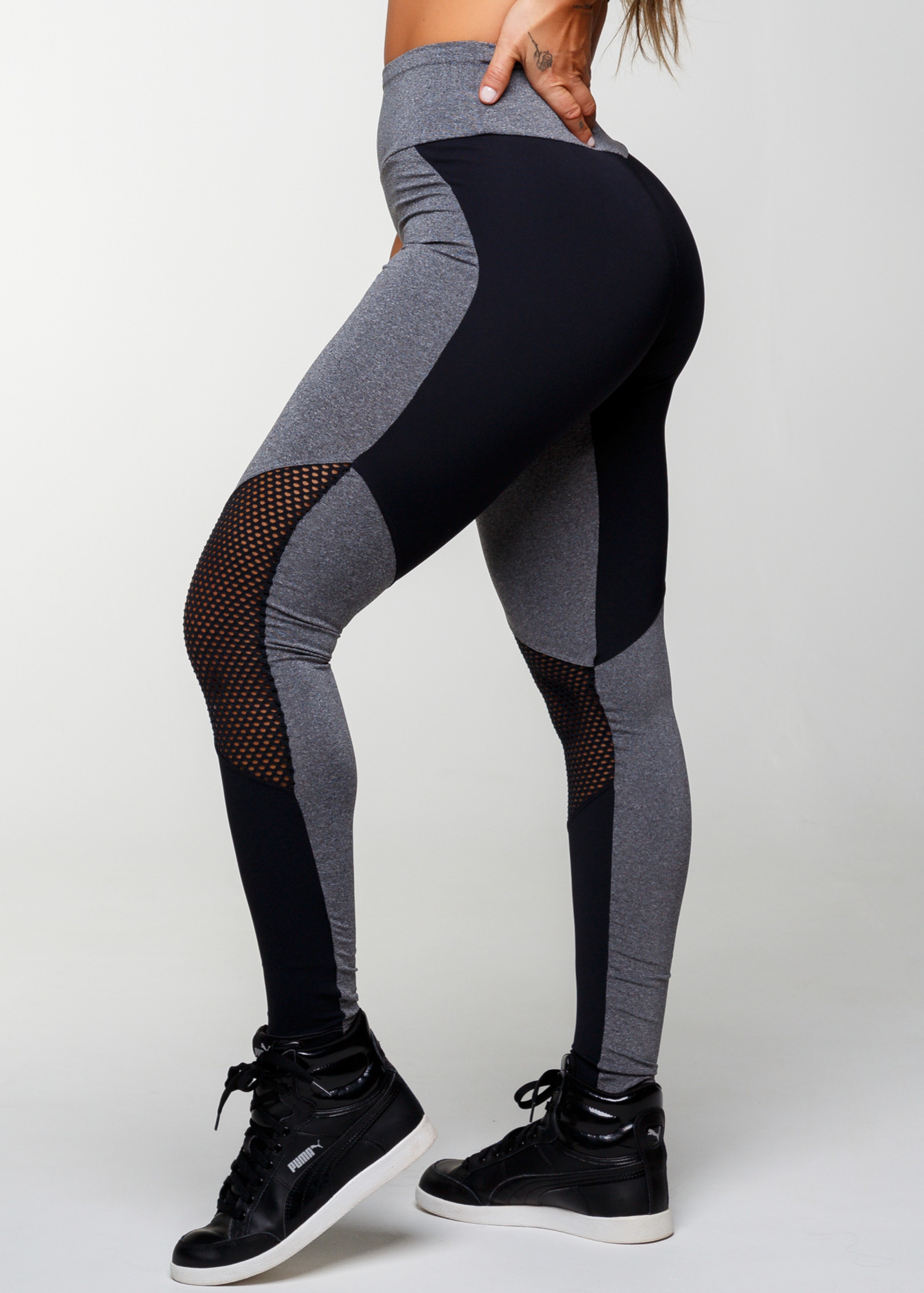 Calça Legging Reach Em Suplex De Poliéster Mescla E Preto